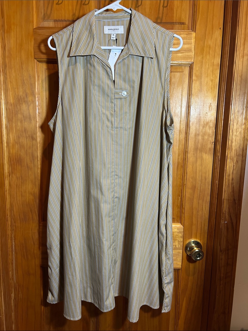 Banana Republic Tan and White Striped Sleeveless Shirt Dress